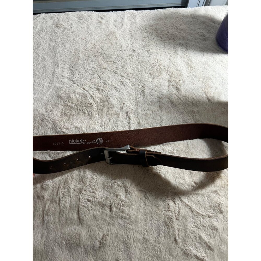 Nickel Smart Mens Brown Leather Belt With Silver Buckle Size 48 USA-Made Durable